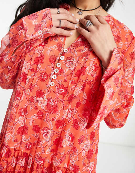 Free People button detail floral print maxi dress in coral