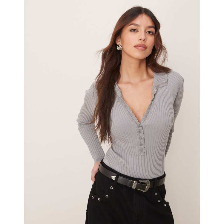 Free People button detail henley bodysuit in gray | ASOS