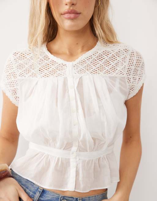 Free People button down embroidered short sleeve top in ivory, 3 of 4