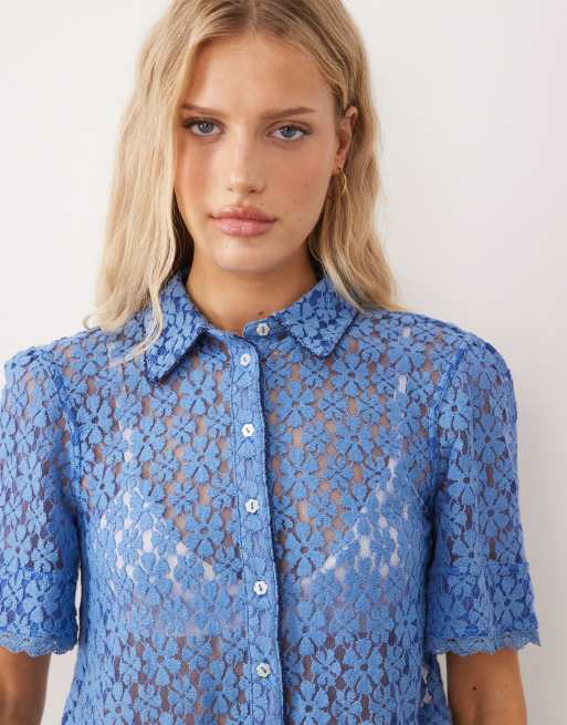Free People button down lace shirt in blue, 3 of 4