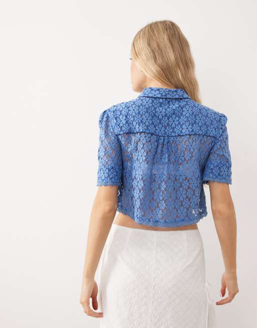 Free People button down lace shirt in blue, 4 of 4