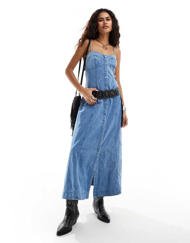 free people on the road denim maxi dress button through in blue Womens Free People Soraya Swatch:#545A70 Del Mar Turf Club Color:Terracotta Fp movement