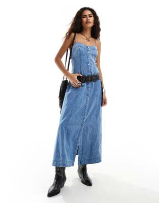 button through denim maxi dress in blue