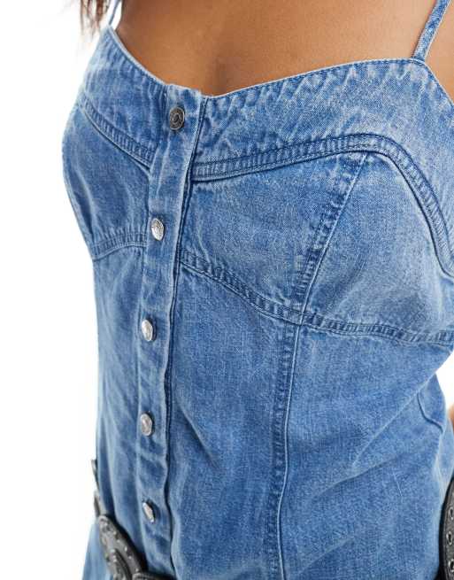 Free People button through denim maxi dress in blue | ASOS