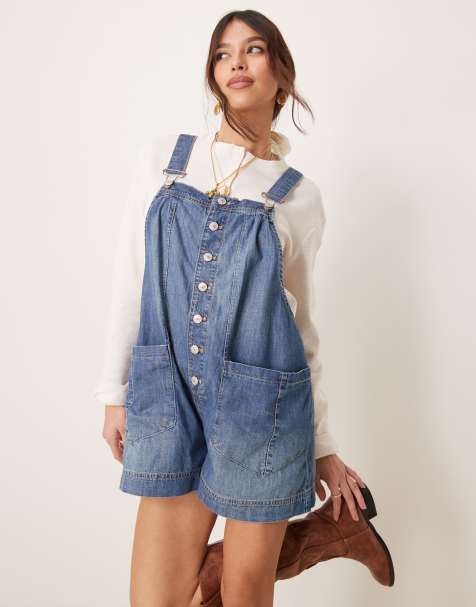 Free People button through denim romper in roulette blue - view 1