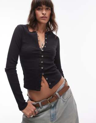 Застиранный черный кардиган в рубчик на пуговицах Free People 9890₽