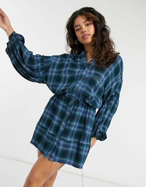 Free People By The Way plaid check mini dress in blue
