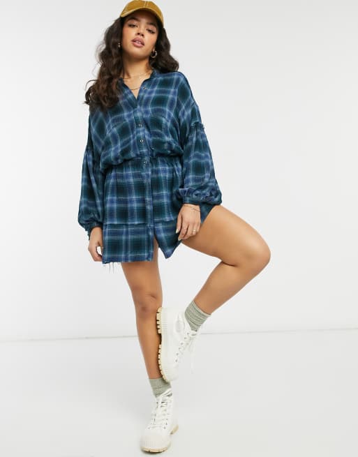 Free People By The Way plaid check mini dress in blue | ASOS