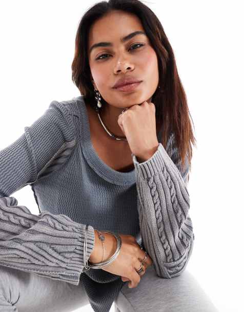 Free People cable knit detail slouchy sweater in light gray - view 1