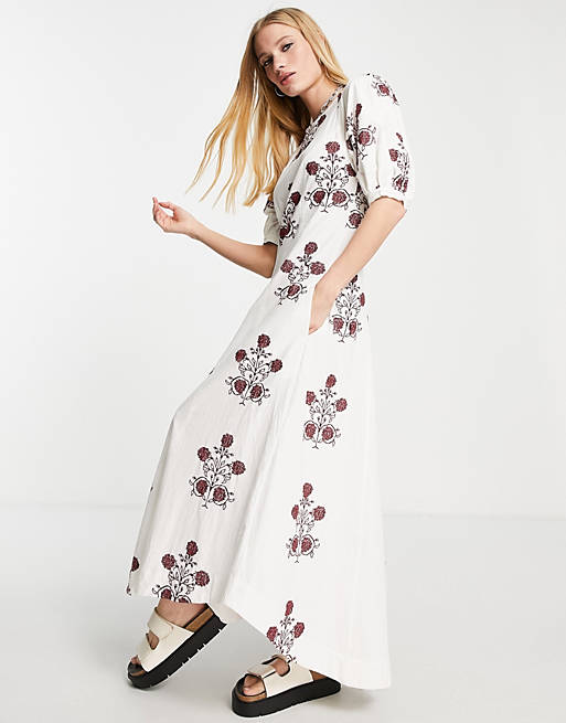 Free People cactus flower embroidered midi dress in ivory