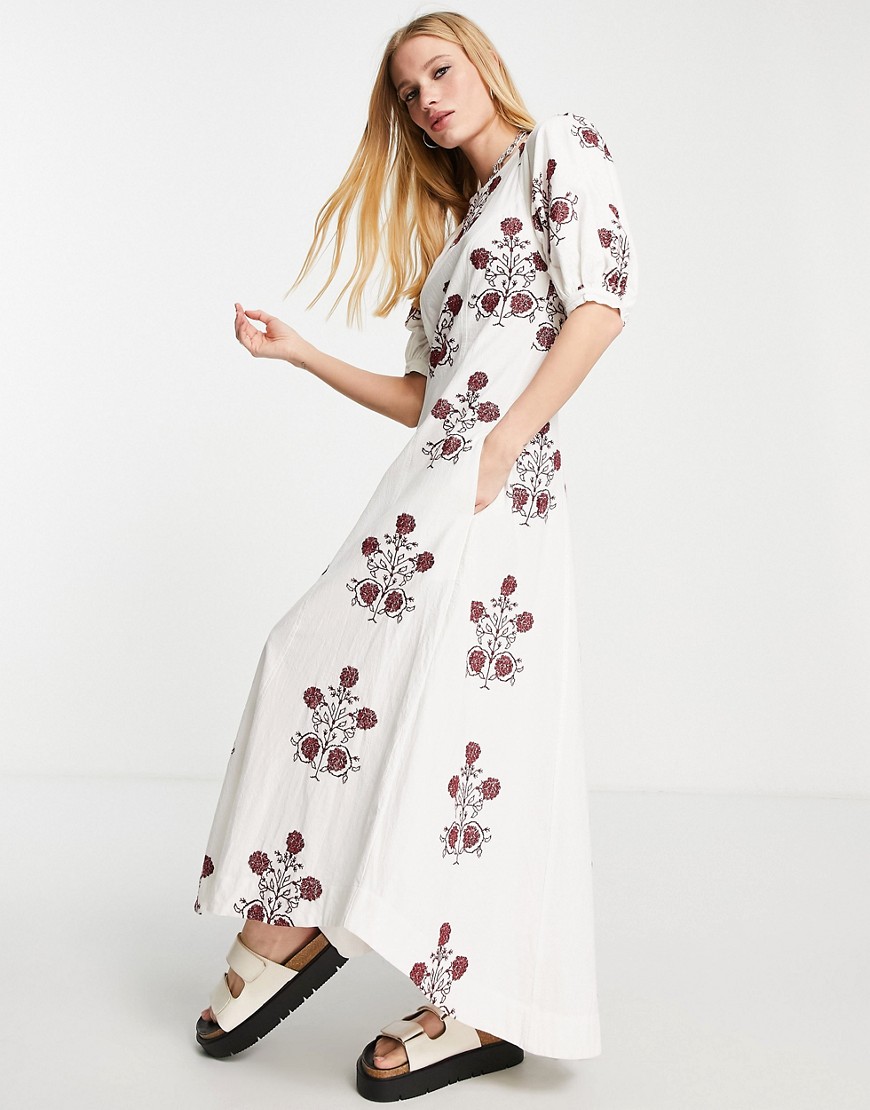 Free People cactus flower embroidered midi dress in ivory-White