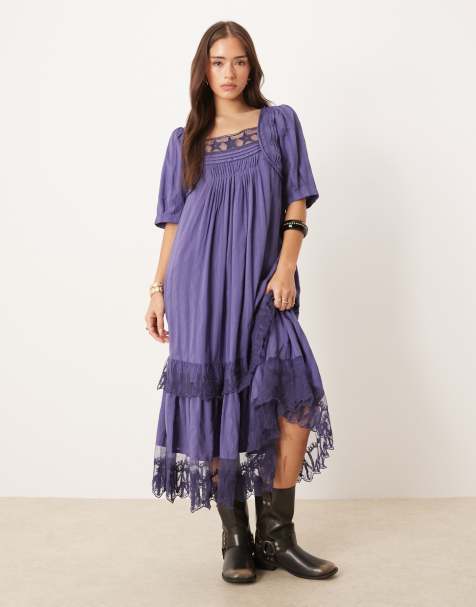 Free People calder star lace insert midi dress in skipper blue