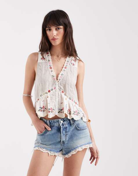 Free People - Cali - Short en jean avec détails en dentelle - Bleu - view 1