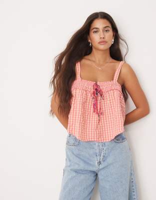 Топ-рубашка Free People cami в розовую клетку с бантом 4990₽