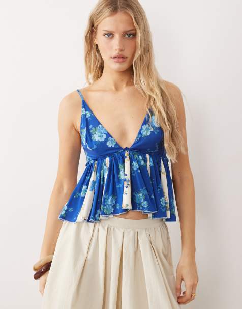 Free People – Camisole-Oberteil in Blau-Combo mit V-Ausschnitt und Schößchen - view 1
