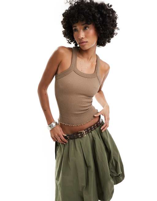 Free People - Canottiera color cacao a coste con bordi smerlati