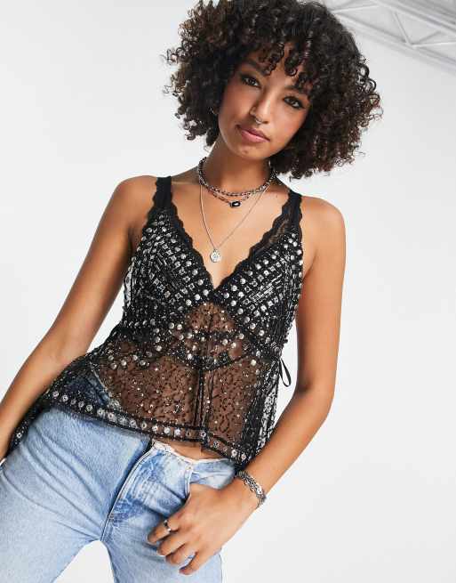 Free People - Canottiera nera con decorazioni color argento