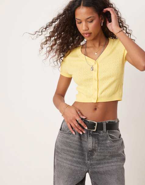 Free People cassie pointelle micro cardigan in yellow - view 1