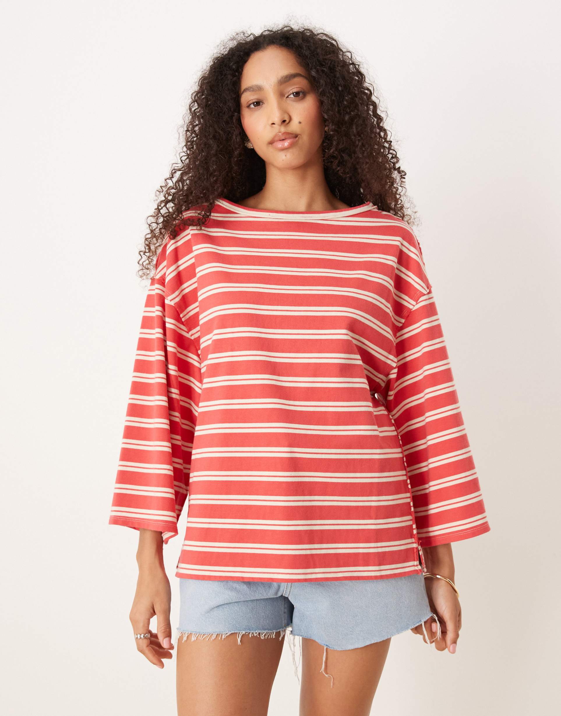 free people c'est la vie baggy fit tee in red stripes combo