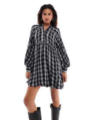 Free People Free People check print mini slouchy shirt dress in black
