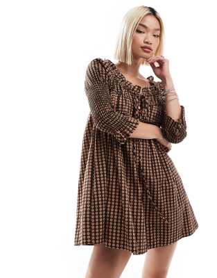 Free People Free People check print tie-detail mini smock dress in black multi