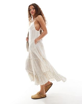 Free People Check Print Tiered Midaxi Dress In Ivory-white