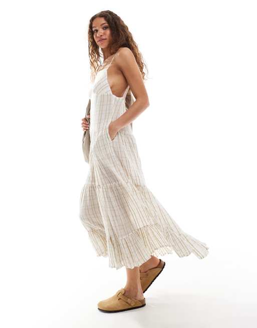 Free People check print tiered midaxi dress in ivory