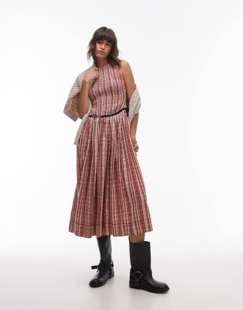 Free People check shirred bow detail midi dress in red - view 1