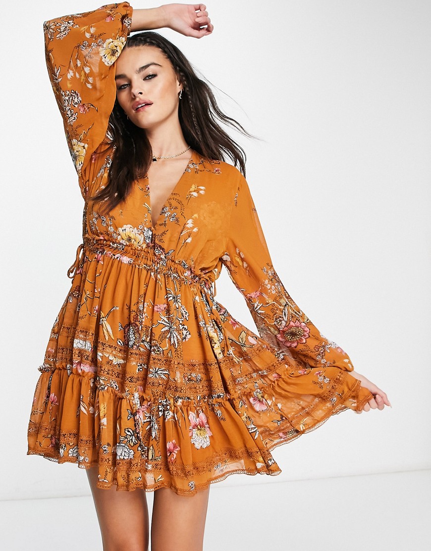 Free People Cherry Blossom embroidered mini dress in rust-Orange