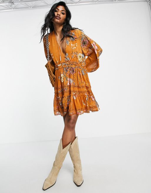 Free People Cherry Blossom Printed Mini Dress In Brown