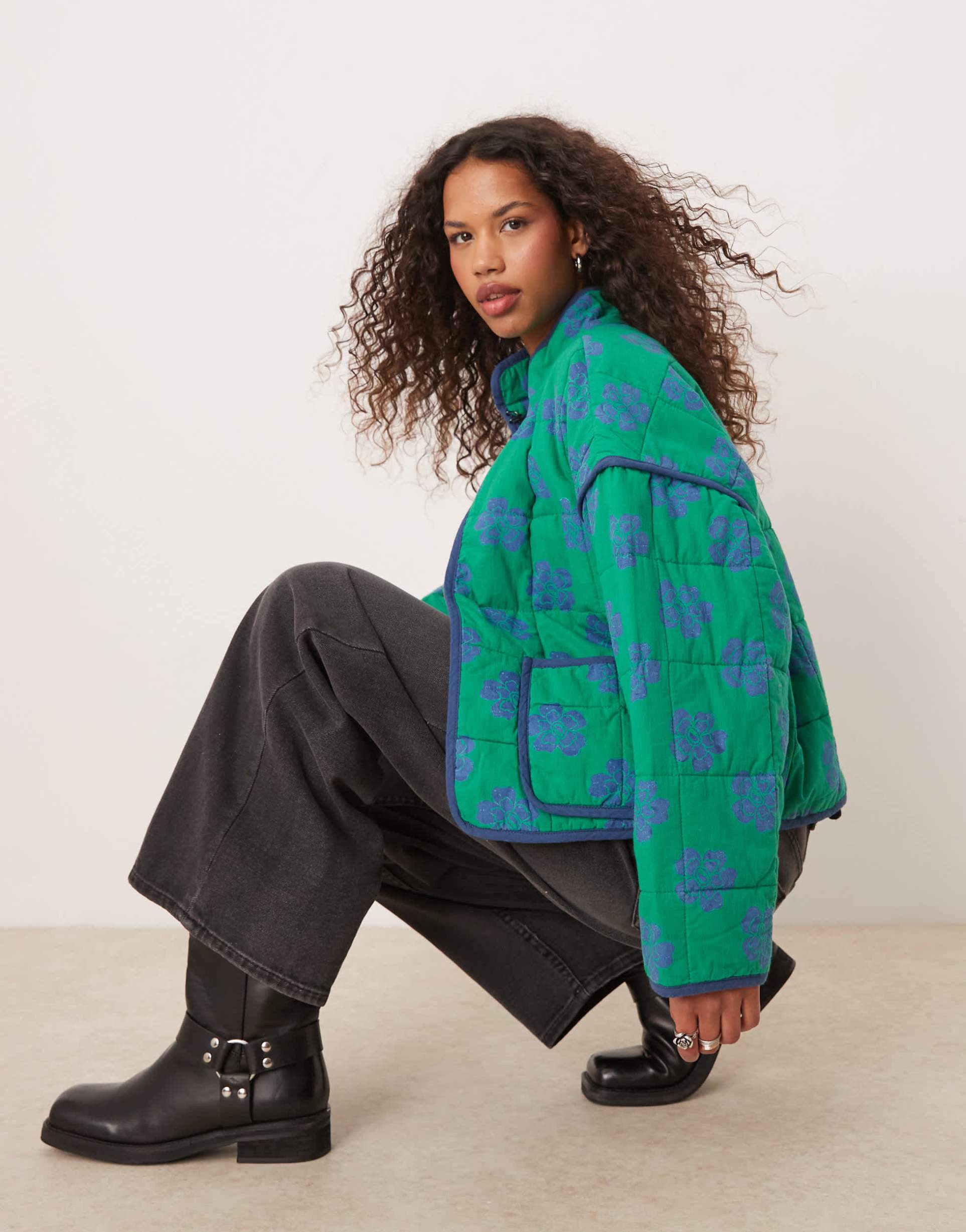 free people chloe floral print padded jacket in grass combo