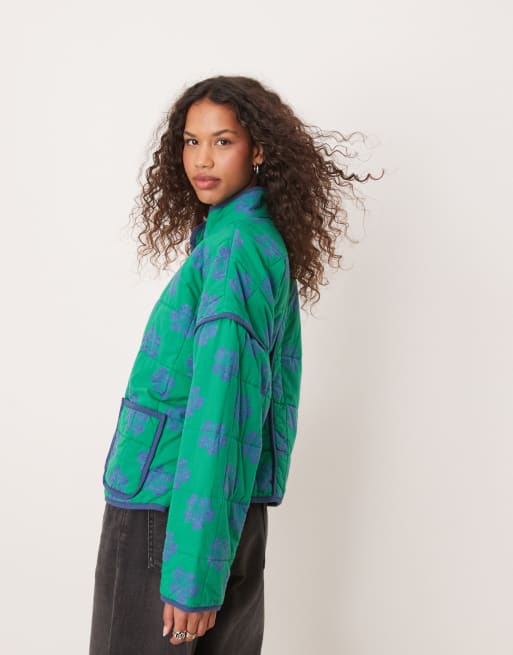 Free People - Chloe - Græsgrøn jakke med for og blomstermønster, 4 af 4