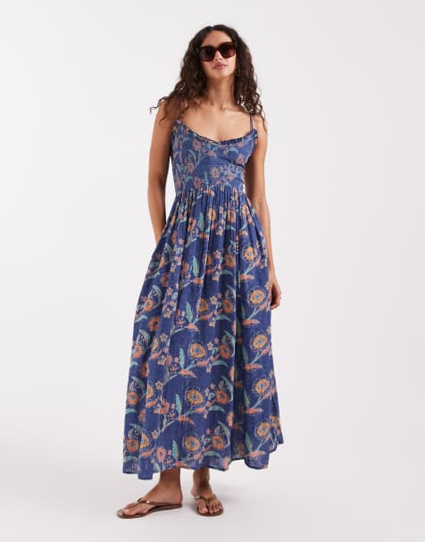 Free People ciella printed midi dress in blue floral combo - view 1