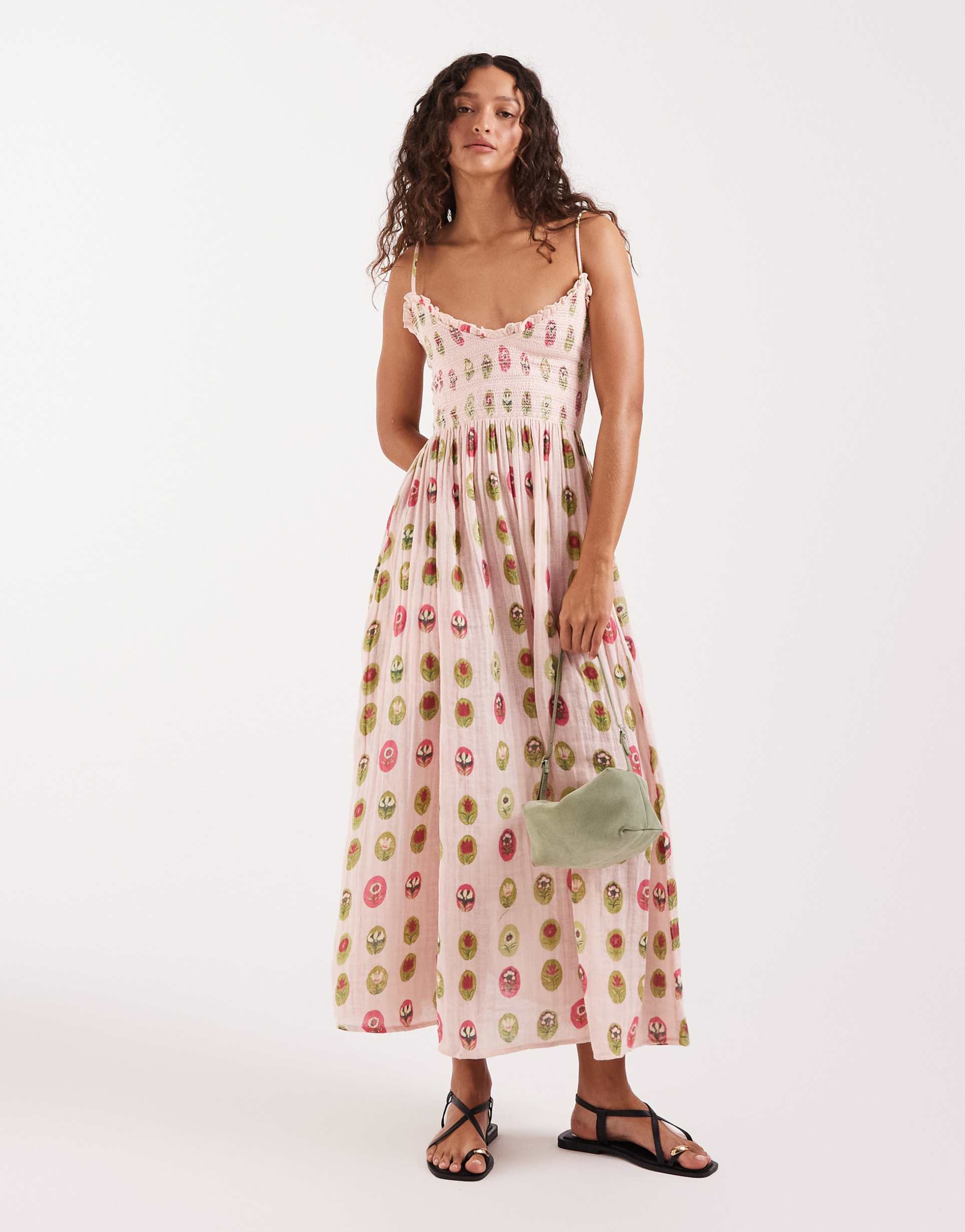 free people ciella printed midi dress in dusty pink combo