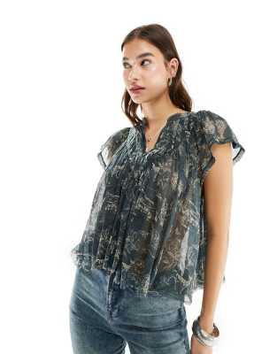 Free People – Ciemnozielona luźna bluzka w kwiatowy wzór