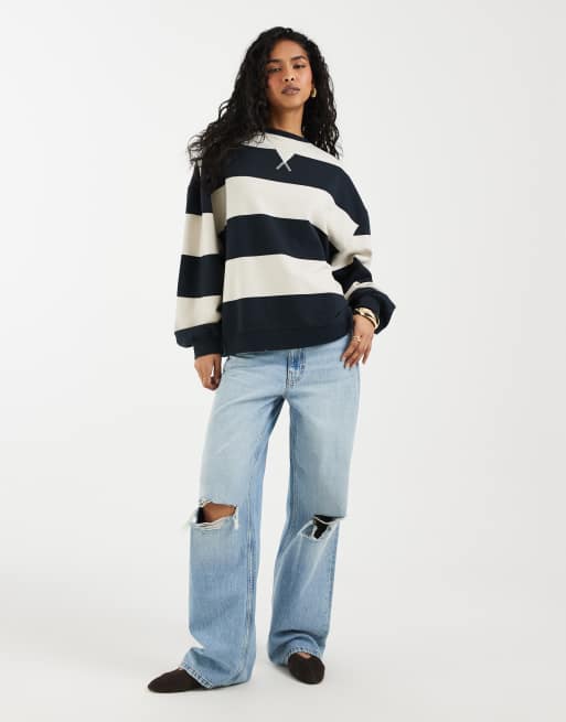 Free People classic striped crew neck sweatshirt in strawberry wine combo, 2 of 4