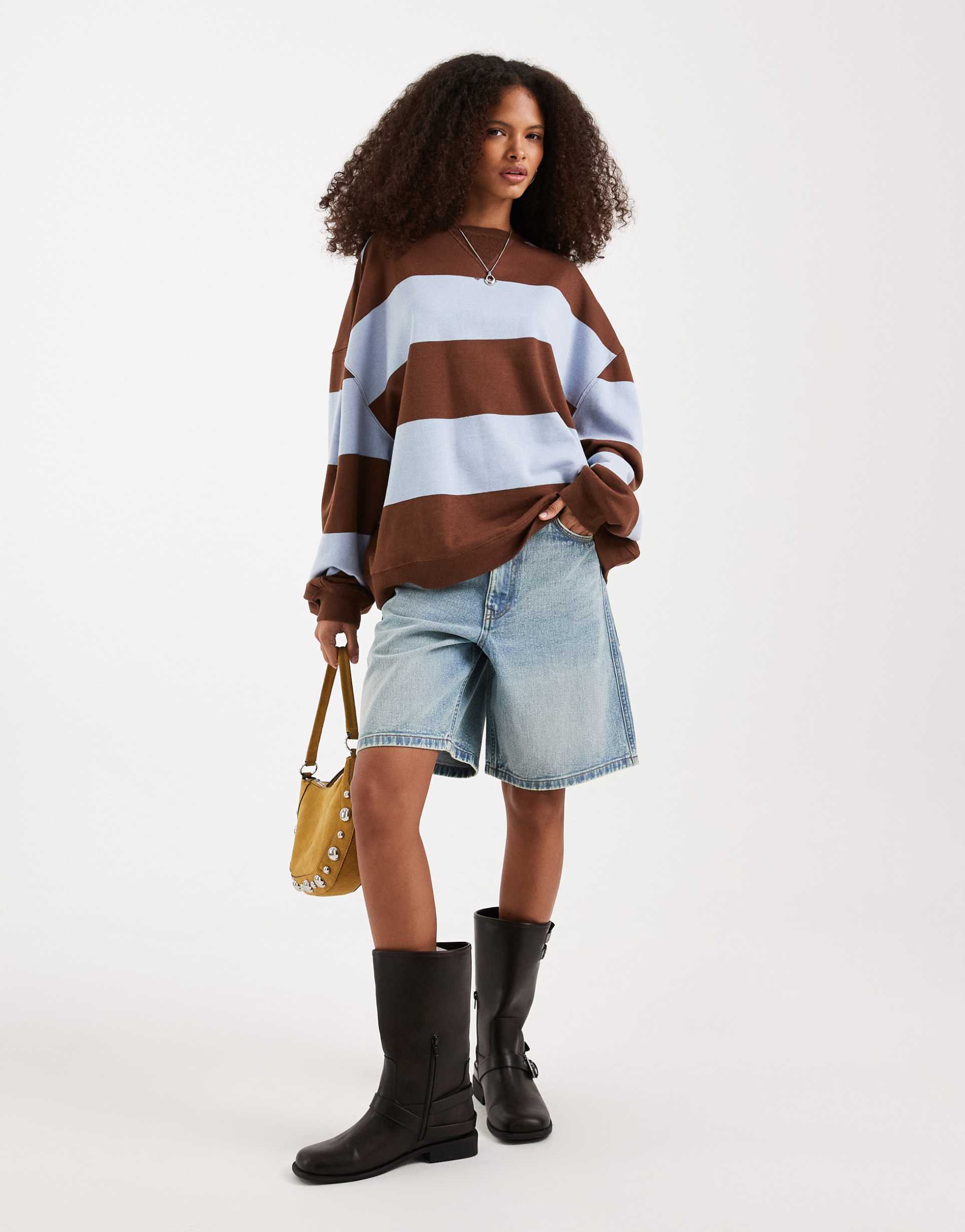 free people classic striped sweatshirt in brown blue combo