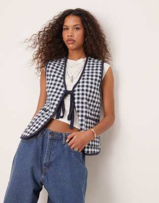 Free People Free People claudine quilted gingham gilet vest in navy