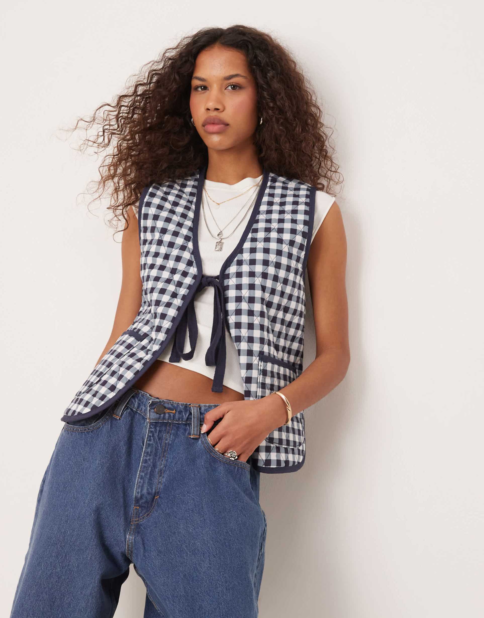 free people claudine quilted gingham vest in navy