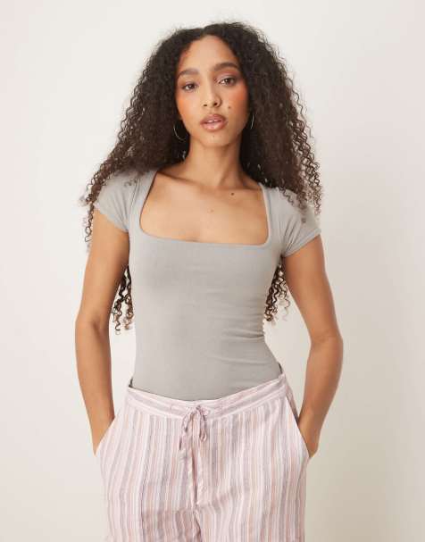 Free People clean lines square neck baby tshirt in gray - view 1