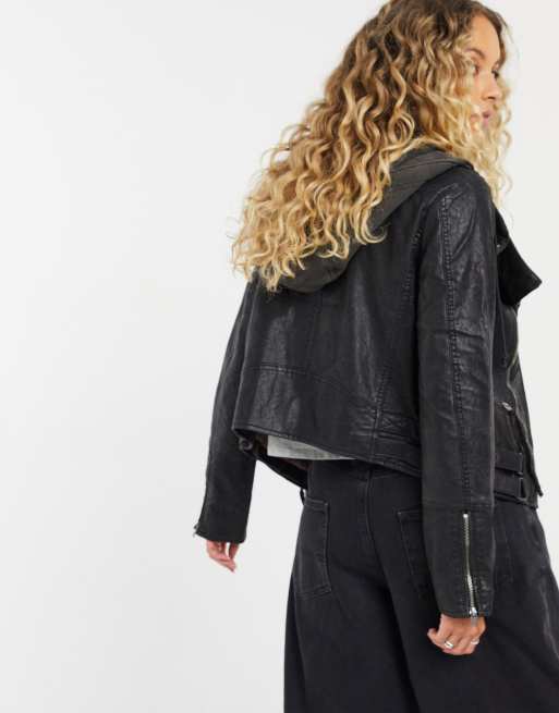 Free people vegan leather hotsell hooded jacket