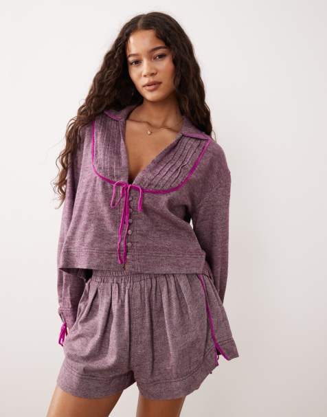 Free People close to home flannel pyjama set in purple - view 1