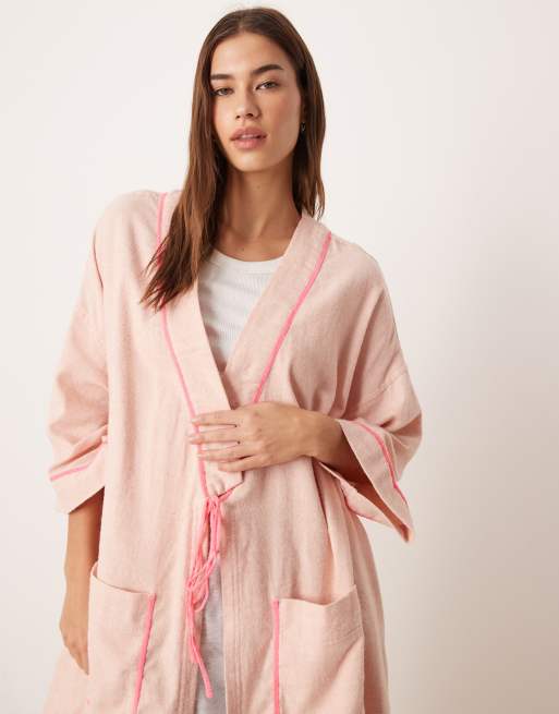 Free People Close to Home flannel robe in peach, 4 of 4