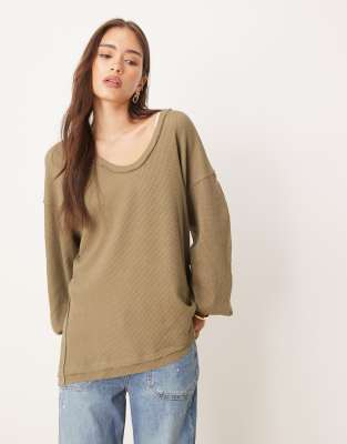 Free People Free People coast thermal long sleeve sweatshirt in olive-Green