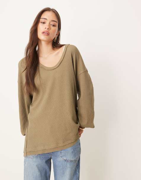 Free People coast thermal long sleeve sweatshirt in olive - view 1