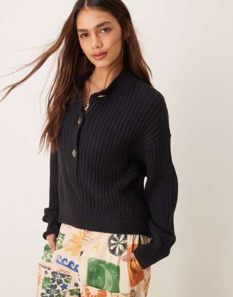 Free People cocoa henley jumper in black - view 1