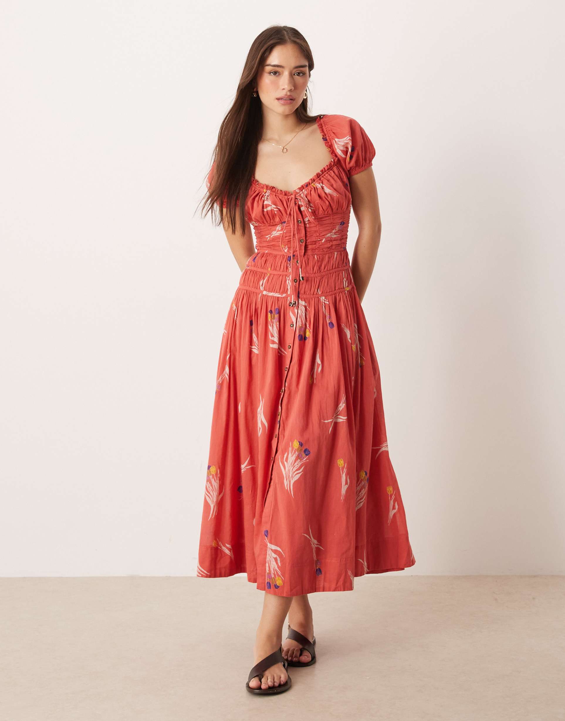 free people complete me button down midi dress in coral combo