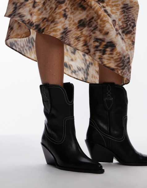 Free People contrast stitch leather western boots in black - view 1