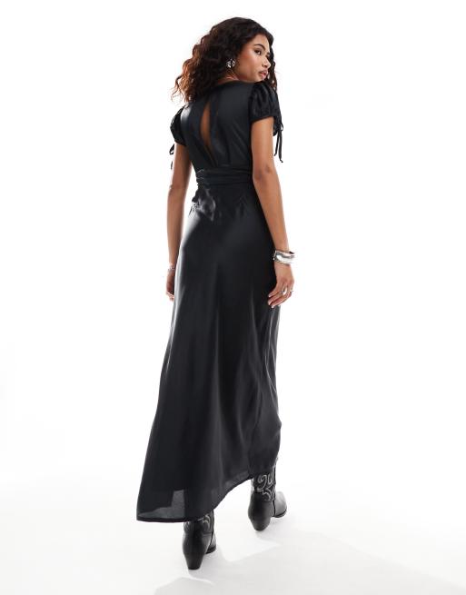 free people black satin dress Free People Intimately Stretch Black Velvet Slit Maxi Slip Dress Women's  Size L