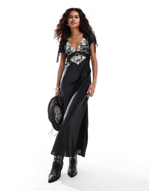 Free People cooper satin midi slip dress in black